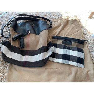 Burberry Bucket Bag with Handle and Crossbody Black Leather Trim